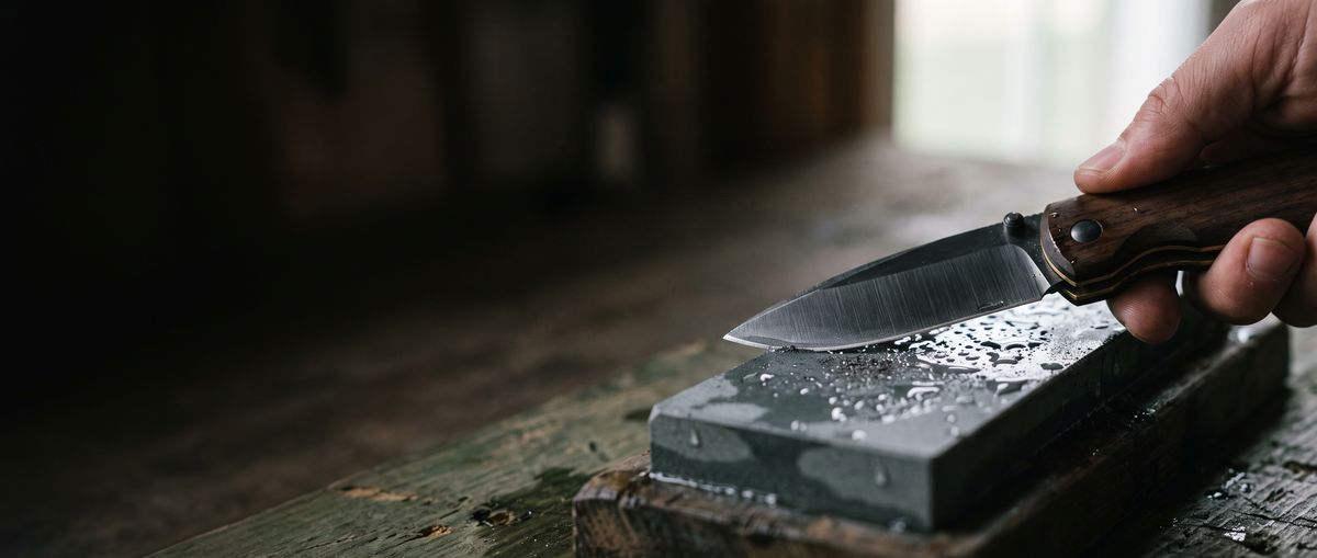 Hand sharpening a wood-handled folding knife on a whetstone