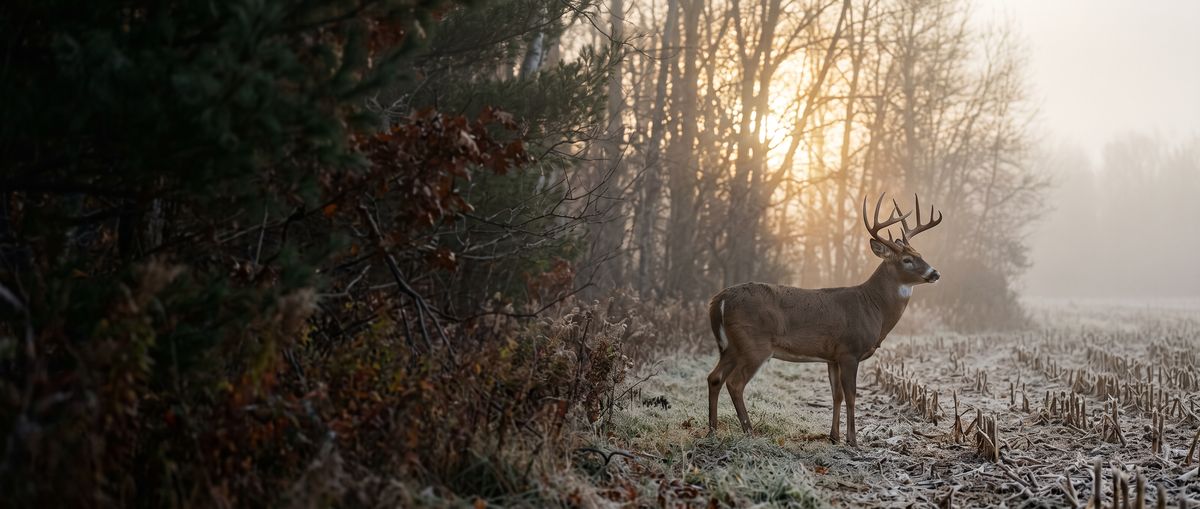 Whitetail buck in a frosty cut cornfield at sunrise
