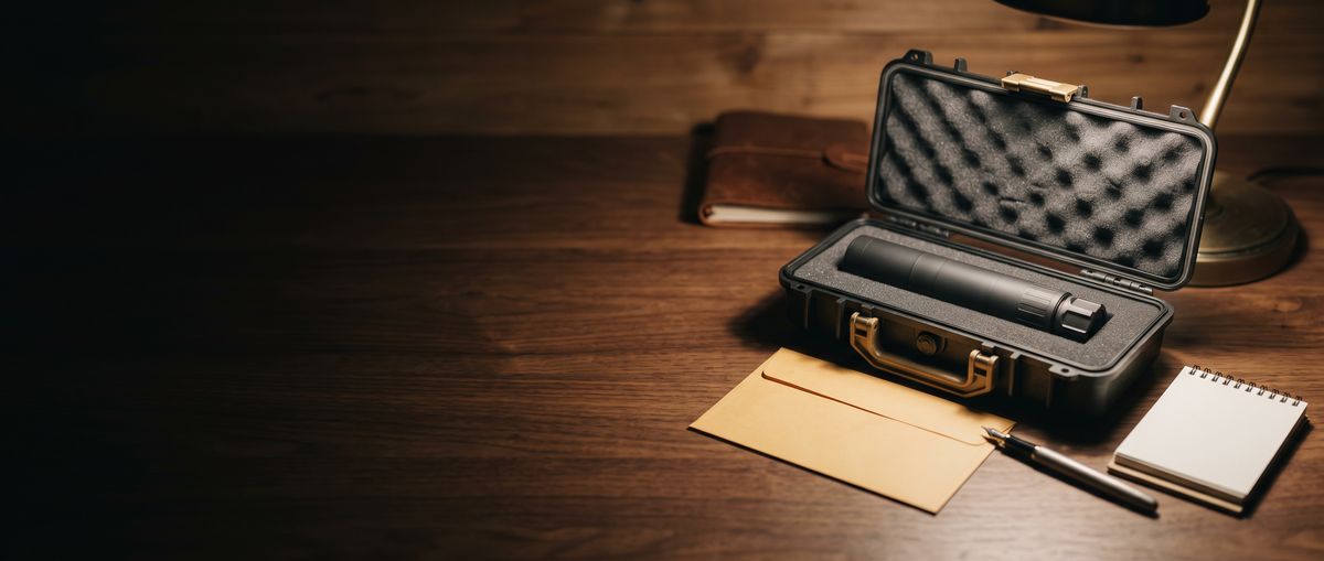 Suppressor in an open hard case on a desk beside paperwork and a pen