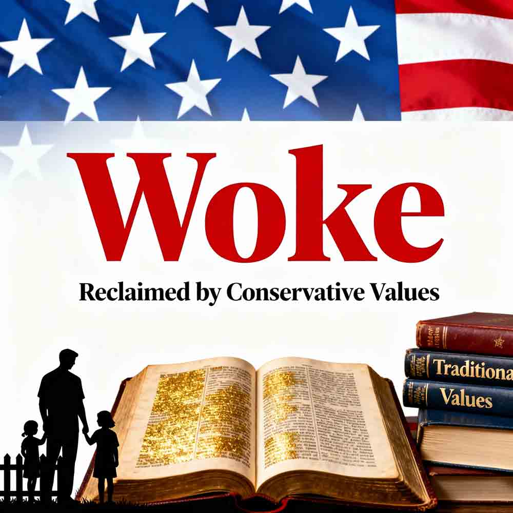 A patriotic book cover illustration featuring an American flag background with white stars on a blue field and red and white stripes. The bold red title "WOKE" is centered prominently. Below it, the subtitle "Reclaimed by Conservative Values" in black text. In the foreground, a silhouette of a father holding hands with two young children stands in front of an open, glowing Bible with ornate golden edges, symbolizing family and faith. To the right, a stack of three leather-bound books labeled "Traditional Values" rests on the ground, evoking conservative heritage. The overall design conveys themes of national pride, religious tradition, and the reappropriation of progressive terminology by right-wing ideology.
