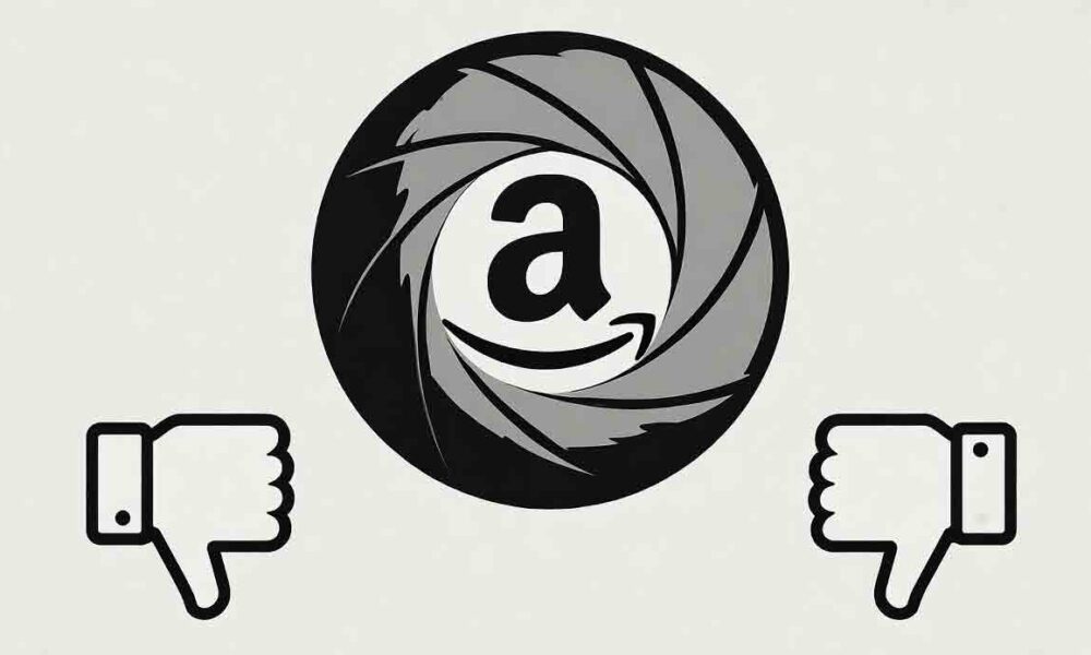 A satirical graphic featuring the Amazon logo embedded in the center of the James Bond gun barrel logo, symbolizing corporate interference in the franchise, with two black thumbs-down icons below indicating disapproval.