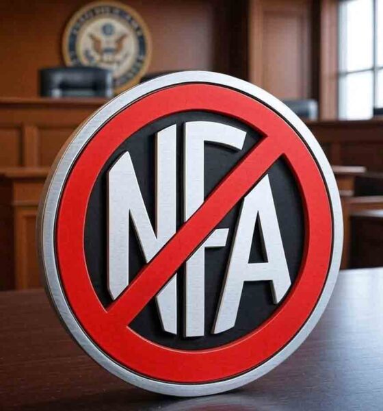 NFA unconstitutional symbol: Banned National Firearms Act logo with red prohibition circle in U.S. Supreme Court courtroom setting, symbolizing Second Amendment challenge in Jensen v. ATF lawsuit