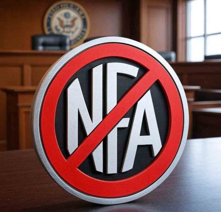 NFA unconstitutional symbol: Banned National Firearms Act logo with red prohibition circle in U.S. Supreme Court courtroom setting, symbolizing Second Amendment challenge in Jensen v. ATF lawsuit