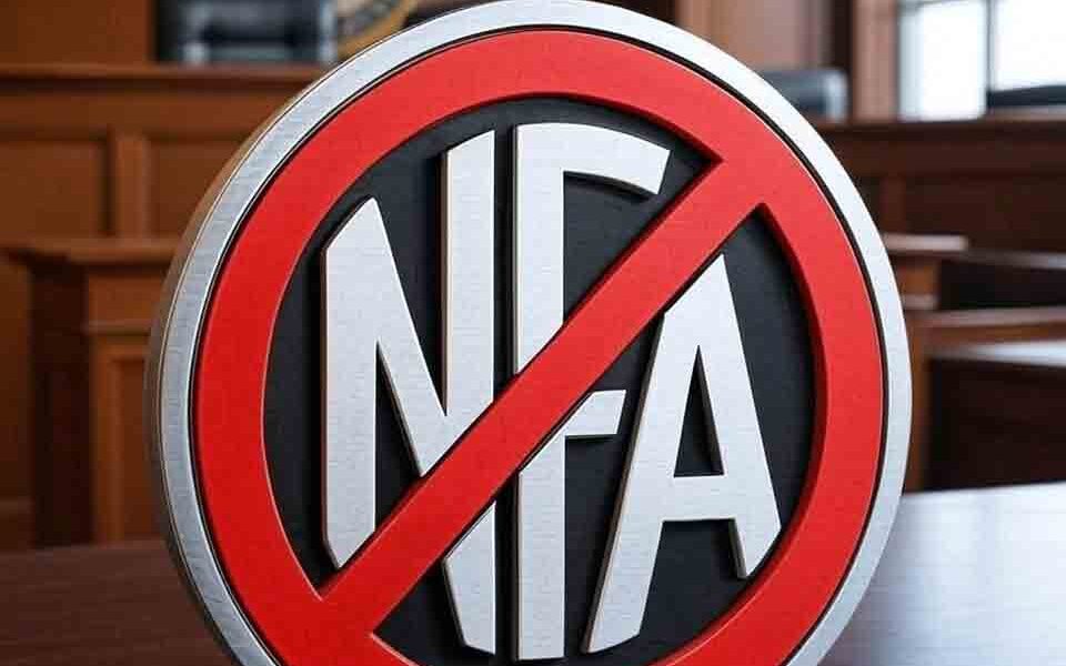 NFA unconstitutional symbol: Banned National Firearms Act logo with red prohibition circle in U.S. Supreme Court courtroom setting, symbolizing Second Amendment challenge in Jensen v. ATF lawsuit