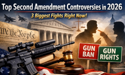 second amendment controversies in 2026 with Supreme Court, Capitol, AR-style rifle, gavel, and gun-rights debate scene
