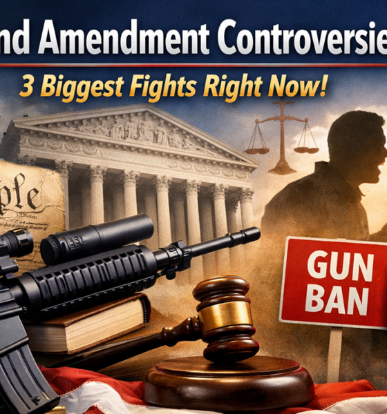 second amendment controversies in 2026 with Supreme Court, Capitol, AR-style rifle, gavel, and gun-rights debate scene