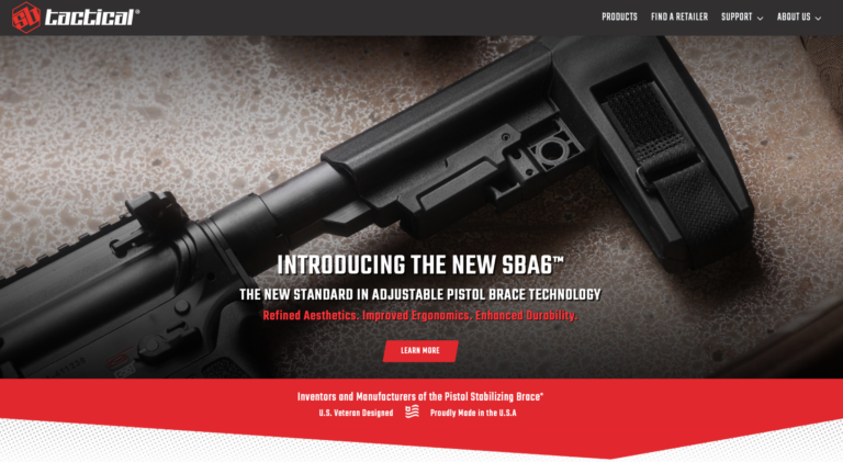 Promotional hero showing a close-up of a rifle with an adjustable pistol brace, overlaid with product headline text.