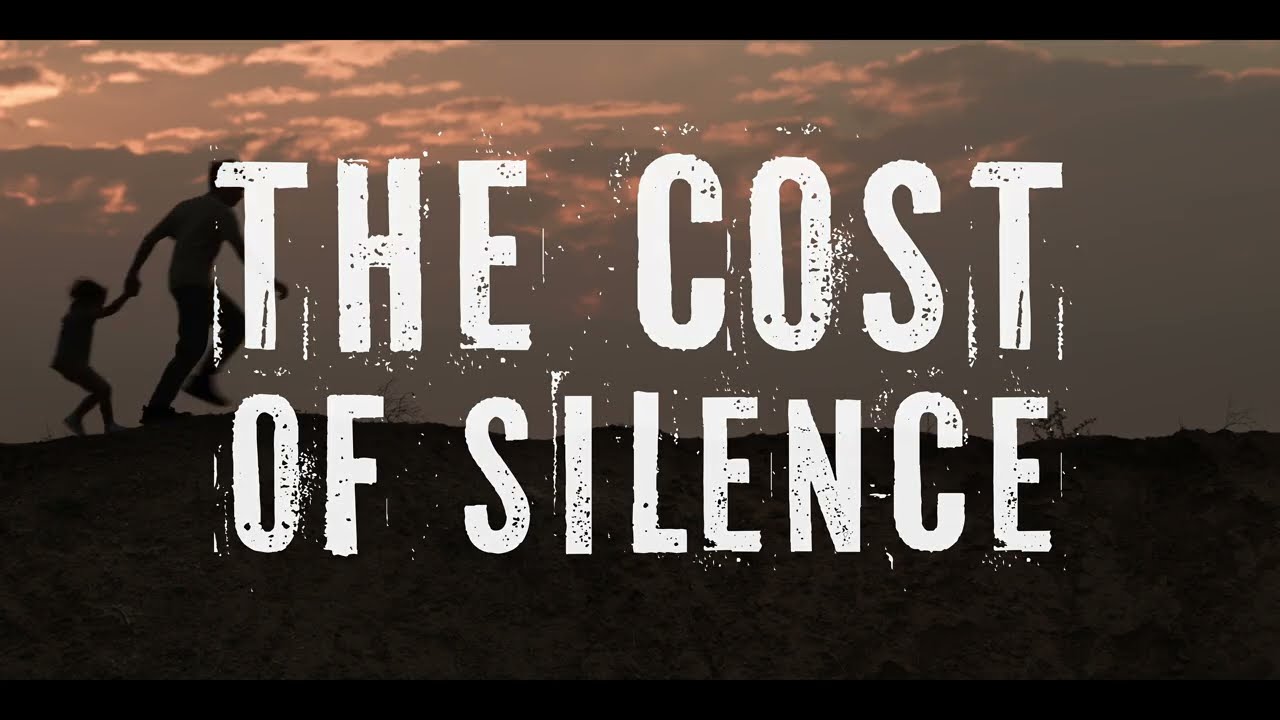 Human trafficking awareness — The Cost of Silence 2026 short film title card: silhouettes of a survivor and child walking against an orange sunset, with the film title in stark white type.