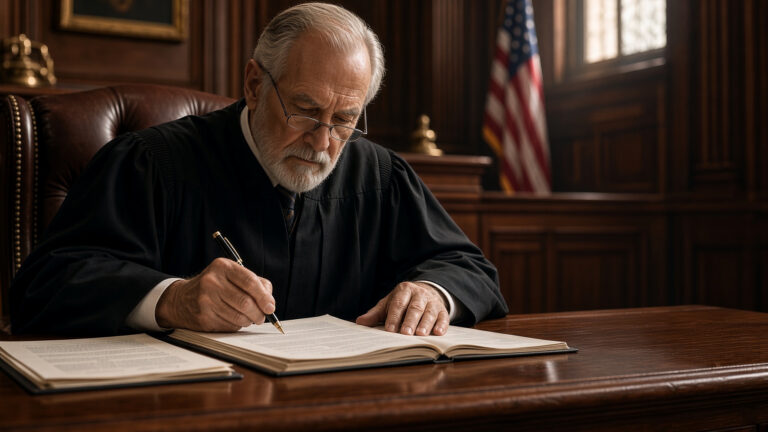 Senior judge in robes signs a document at a large wooden desk, with an American flag in the background.