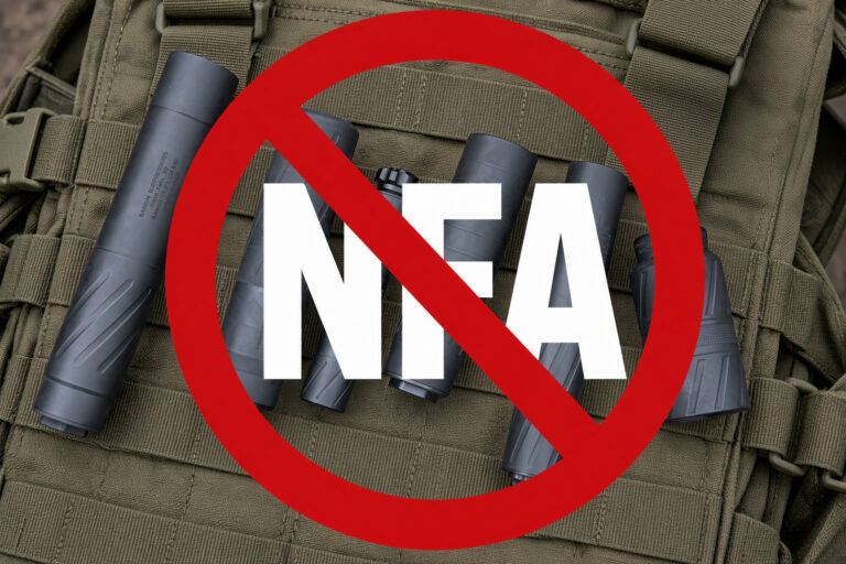 No NRA message shown with a red 'no' symbol across white NRA letters on tactical gear in the background.