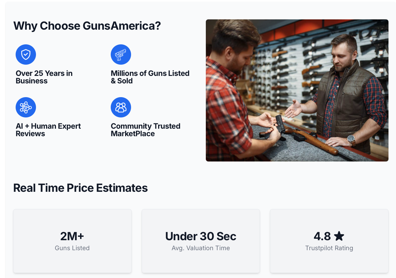 gunsamerica gun counter - Freedom's Lodge Hero section titled 'Why Choose GunsAmerica?' with four blue icons and captions (Over 25 Years in Business; Millions of Guns Listed & Sold; AI + Human Expert Reviews; Community Trusted Marketplace) next to a photo of two men in a gun shop handling a handgun.