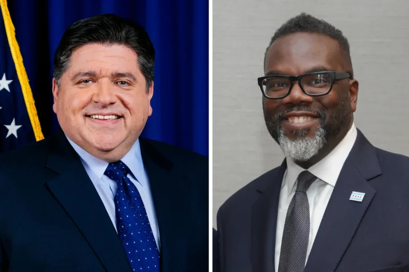 Illinois Governor JB Pritzker and Chicago Mayor Brandon Johnson, whose jurisdictions defend the assault weapons ban now before the Supreme Court