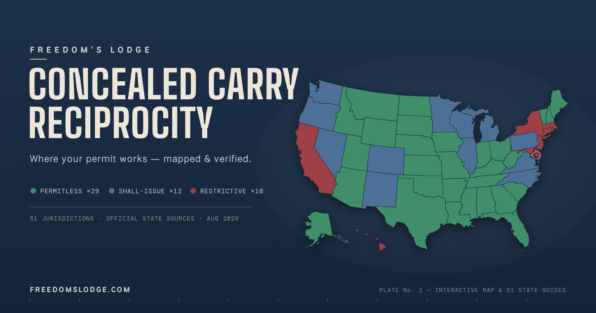 Concealed carry reciprocity map of all 50 states and Washington, D.C., color-coded by carry law, verified August 2026 — Freedom’s Lodge