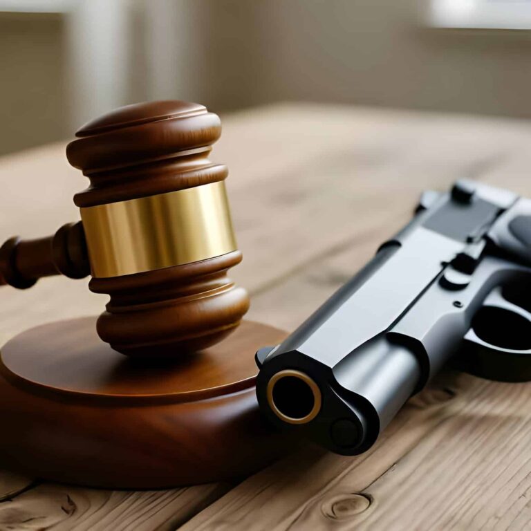 Wooden judge's gavel on a sound block beside a handgun on a wooden table.