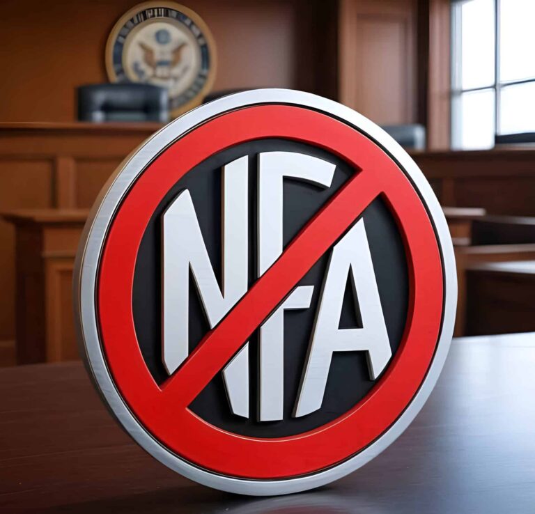 NFA unconstitutional symbol: Banned National Firearms Act logo with red prohibition circle in U.S. Supreme Court courtroom setting