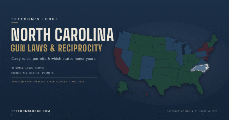 Hero graphic with a color-coded US map beside the headline 'North Carolina Gun Laws & Reciprocity' on a navy background.