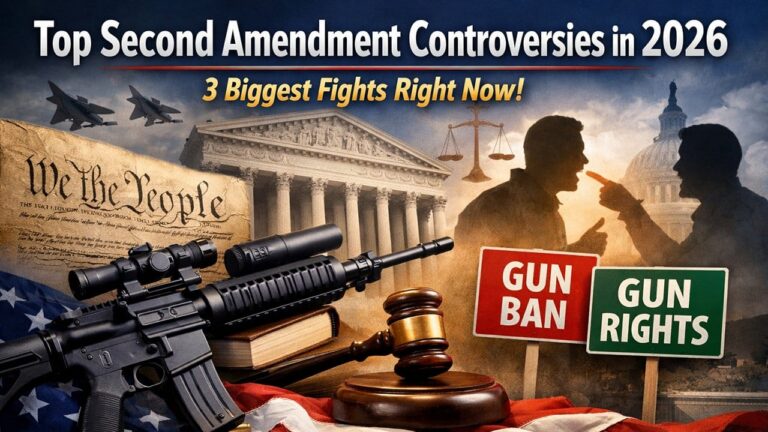 second amendment controversies in 2026 with Supreme Court, Capitol, AR-style rifle, gavel, and gun-rights debate scene