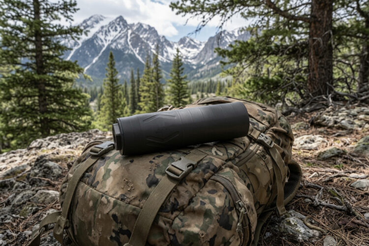 BANISH backcountry on pack outdoors - Freedom’s Lodge Camouflage hiking backpack on rocky ground in a pine forest with snow-capped mountains in the background; a black thermos rests on top.