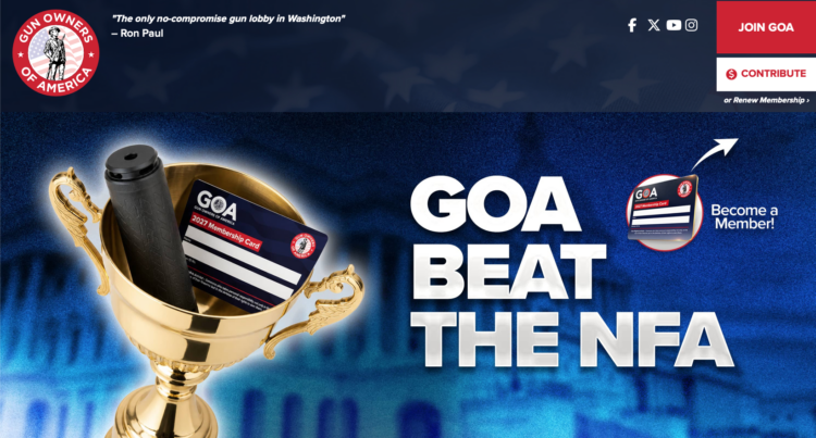 Gun owners of America hero website ATF versus jensen - Freedom’s Lodge GOA promotional banner with a gold trophy and membership card, featuring bold text'GOA BEAT THE NFA' and a 'Become a Member' badge on the right, plus top-left GOA logo.