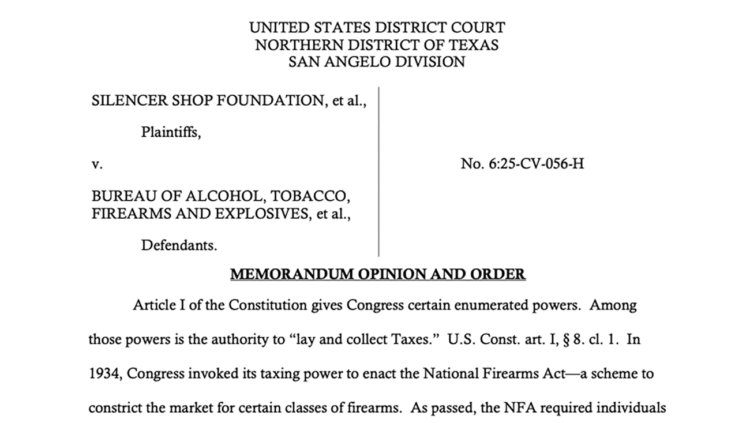 JENSEN V ATF Silencer Shop Foundation et al v ATF - Freedom’s Lodge Court document header: United States District Court, Northern District of Texas, San Angelo Division; Silencer Shop Foundation v. Bureau of Alcohol, Tobacco, Firearms and Explosives; Memorandum Opinion and Order.