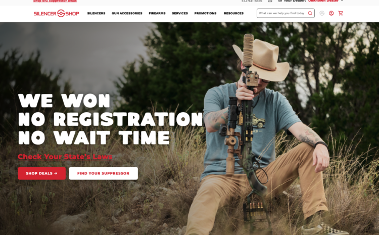 Silencer shop website hero Jensen versus the atf - Freedom’s Lodge Man in a hat kneels in tall grass, aiming a rifle; bold overlay reads'We won no registration no wait time' with action buttons about laws and deals.