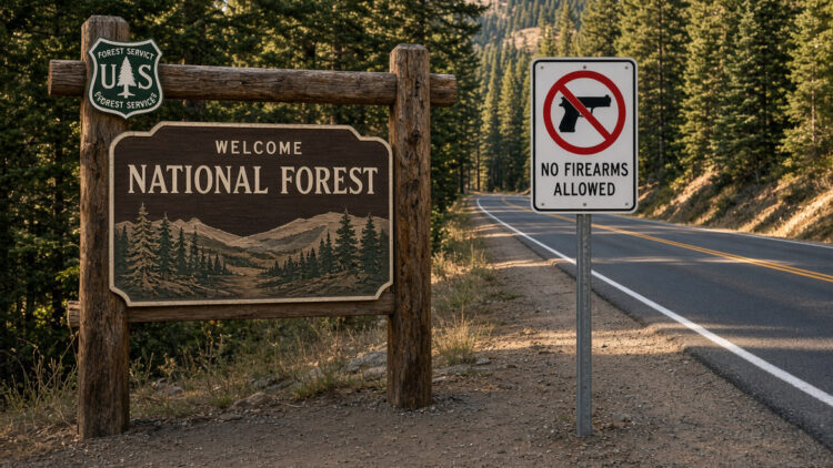 national forests sign with no firearms sign crop - Freedom’s Lodge National forests sign with no firearms sign crop
