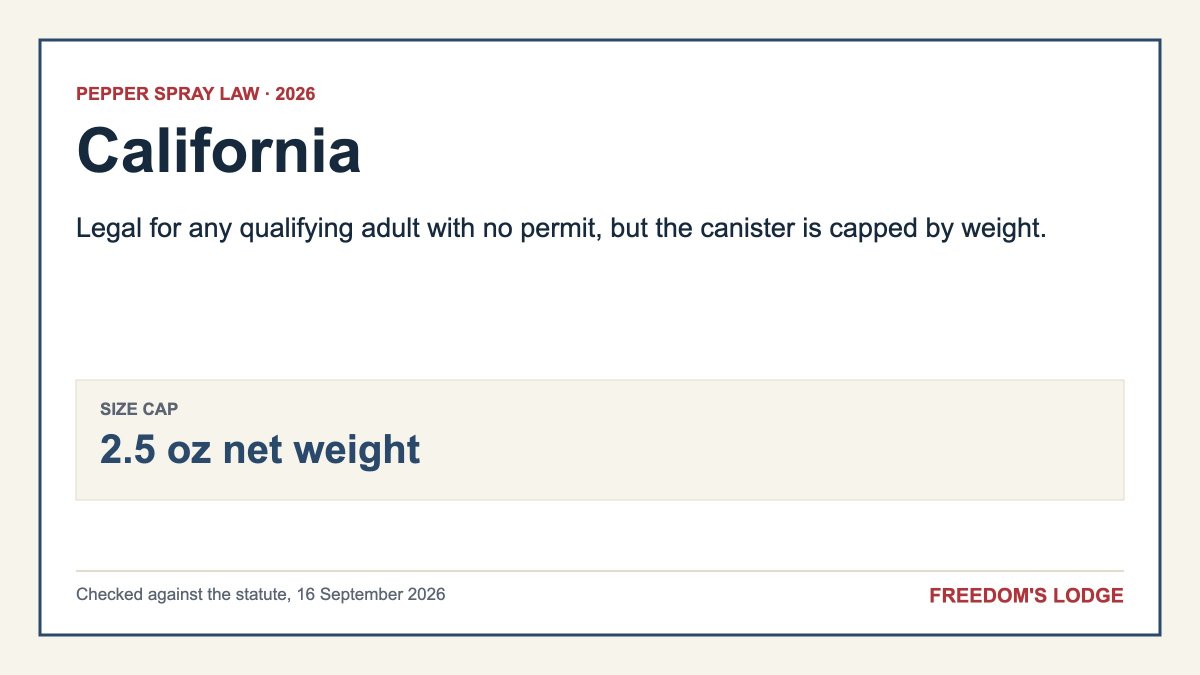 California pepper spray law 2026 - Freedom’s Lodge Summary card for the pepper spray laws in California in 2026