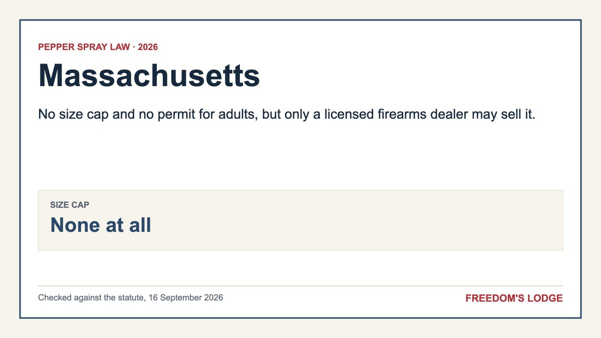 Massachusetts pepper spray law 2026 - Freedom’s Lodge Summary card for the pepper spray laws in Massachusetts in 2026