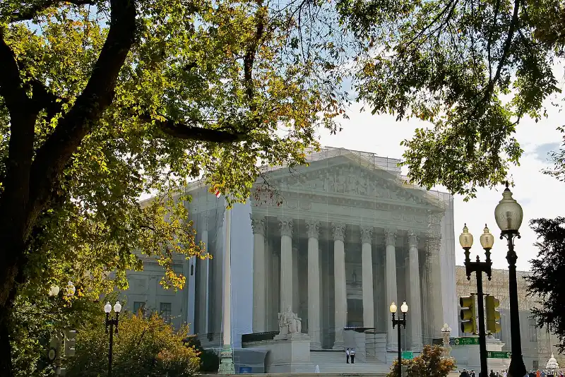 Supreme Court west facade where gun case arguments are heard