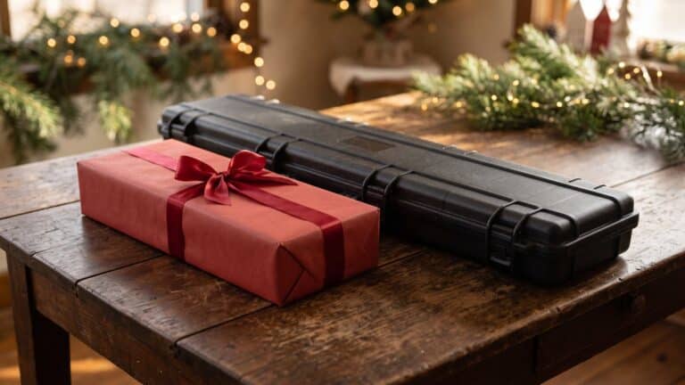 A long rectangular gift box wrapped in red ribbon on a farmhouse table beside a closed hard-sided gun case, for the question can you buy a gun as a gift