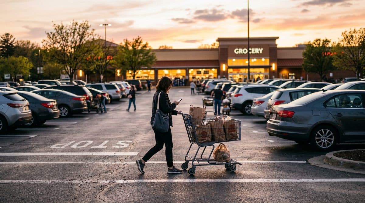 Shopper looking down at her phone while pushing a cart across a parking lot, unaware of her surroundings