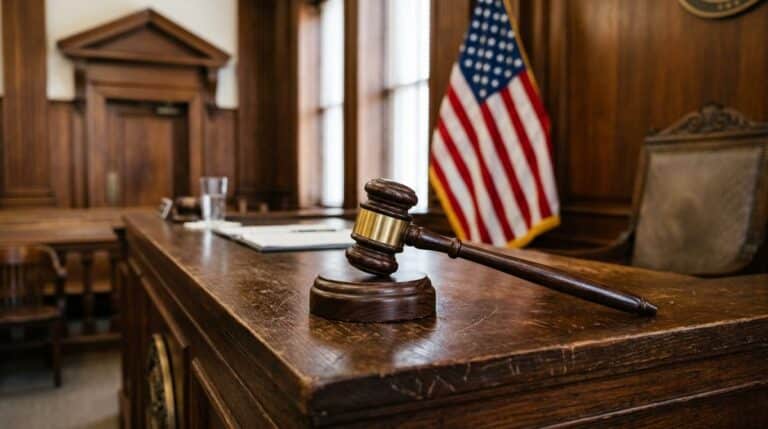 Gavel on the bench in a federal courtroom