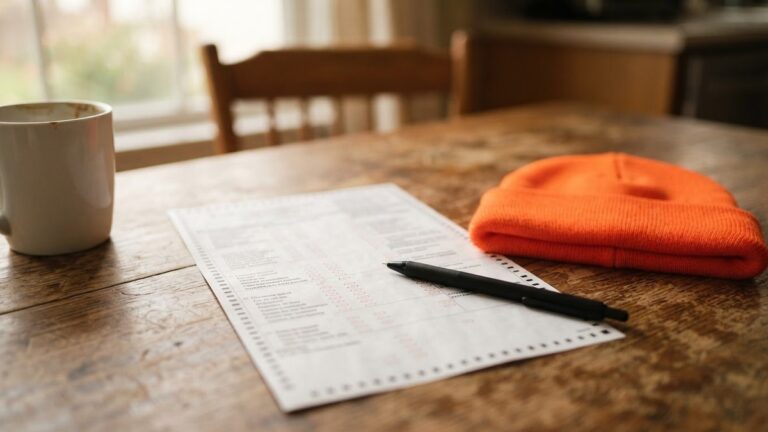 Printed checklist on a wooden table with a black pen, an orange knit hat, and a white mug nearby by a window.