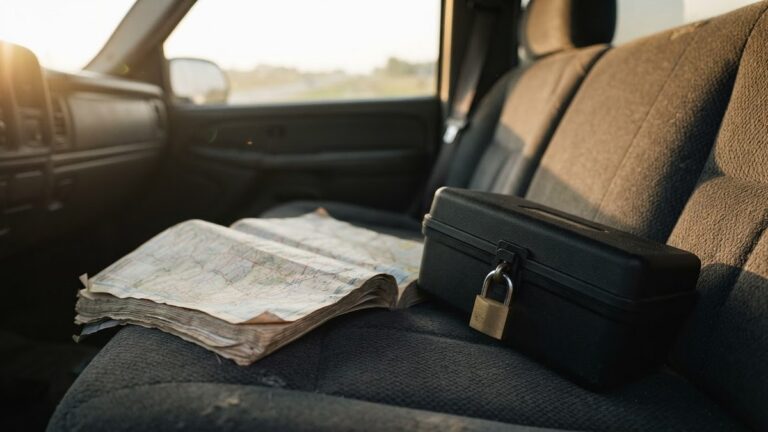 Gun laws by state trip check: a worn road atlas open on a truck seat beside a closed, locked handgun case