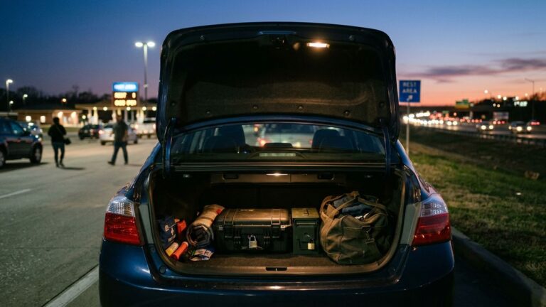 Gun laws while traveling by car: a locked handgun case and a separate locked ammunition box in a car trunk at a highway rest stop