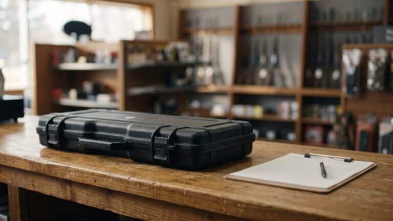 A closed black hard-sided gun case on a gun store counter beside a clipboard holding a blank paper form, shelves blurred behind, the moment the waiting period for guns by state decides when the case goes home