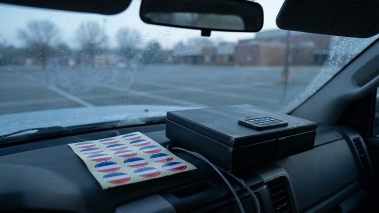 A sheet of round voting stickers on a truck dashboard beside a closed, locked handgun vault in early morning light, the parked-truck answer to guns at polling places