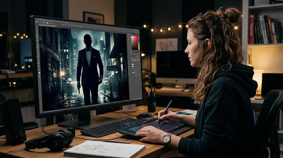Designer editing a spy-thriller movie poster on a computer