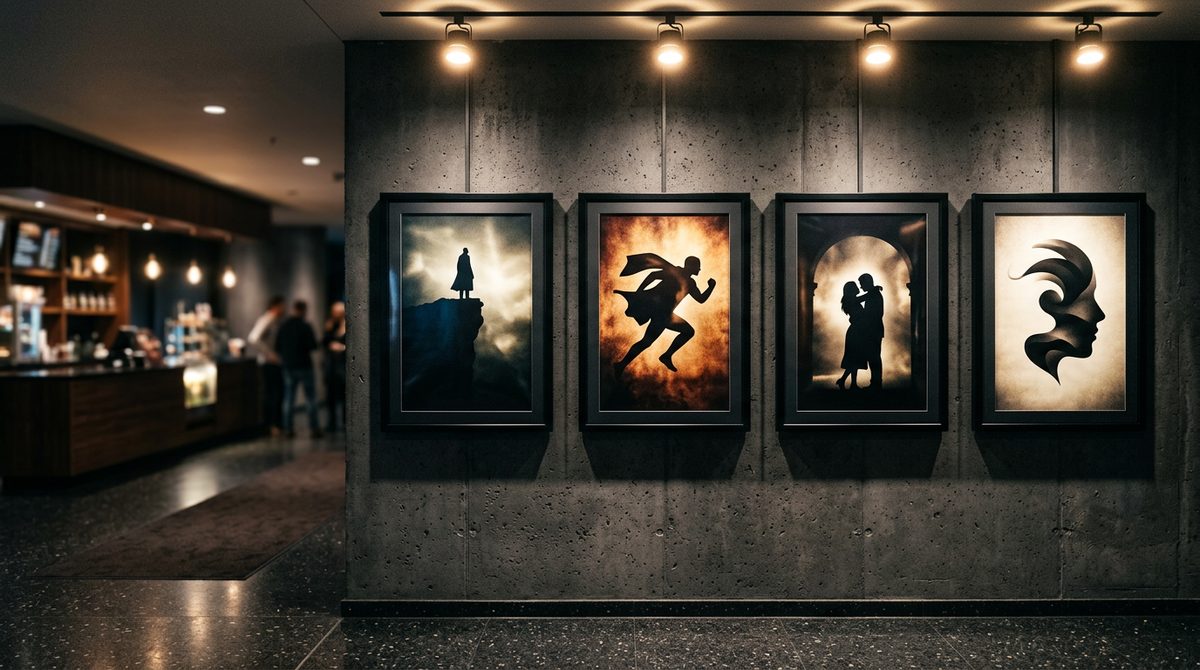 Row of framed movie posters on a cinema wall