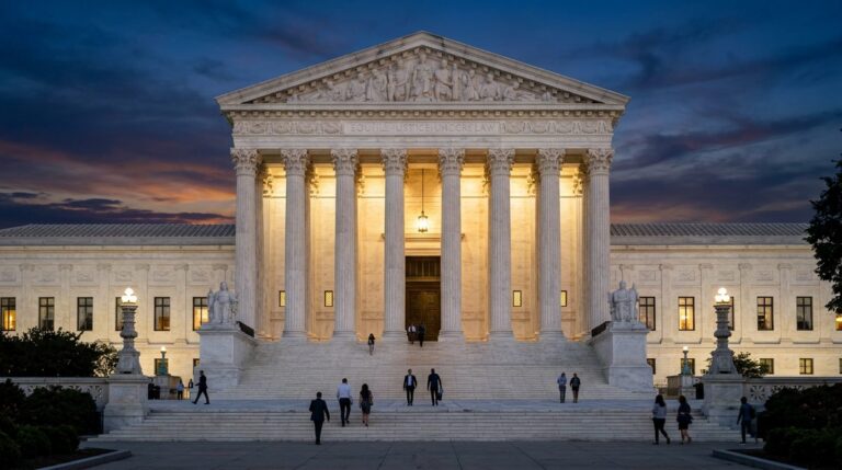 Supreme Court building at dusk